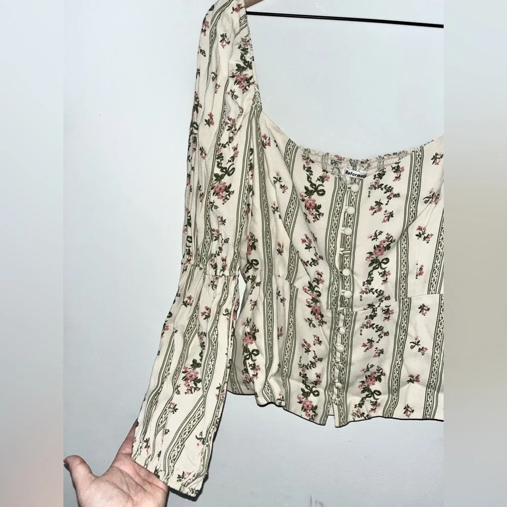 Reformation Cream Floral Peasant Blouse with Pink and Green Accents